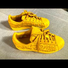 Beautiful Yellow Adidas Snickers Very Special Design Size 5.5 Us Adidas Synthetic Round Toe Sneakers, Adidas Slip-on Synthetic Sneakers, Adidas Synthetic Lace-up Sneakers, Adidas Synthetic Lace-up Skate Shoes, Adidas Yellow Leather Sneakers, Adidas Lace-up Skate Shoes With Boost Midsole, Yellow Perforated Sneakers For Streetwear, Adidas Sneakers With Synthetic Material, Adidas Mid-top Sneakers For Spring