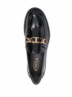 100% Leather | Tod's Women's Basso 59c Max Caten Loafers in Black | FW23/24 Hardware Logo, Sole Shoes, Leather Chain, Gold Details, Leather Loafers, Loafers For Women, Low Heels, Cow Leather, Smooth Leather