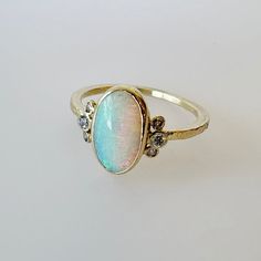 14K Australian Opal Ring w/ Diamond Whiskers One Of A Kind Oval Opal Ring For Anniversary, Unique Oval Rings With Accent Stones, Unique Opal Ring With Accent Stones, Unique Opal Gemstone Rings, Unique Oval Multi-stone Rings, Unique Handmade Ethiopian Opal Ring, Unique Multi-stone Oval Opal Ring, Unique Multi-stone Opal Rings, Unique Oval Opal Ring For Promise