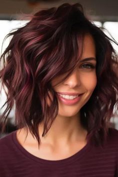 Choose deep burgundy shag with a wavy texture for a classy, rich look. The shag hairstyle is of medium length, deep burgundy in color and wavy for a natural look and professionalism. Click here to check out more trending medium-length shag haircut ideas. Ash Brown Short Hair Balayage, Highlights For Red Brown Hair, Cute Short Fall Hairstyles, Mid Length Angled Haircut, Medium Length Haircut Beach Waves, Short Medium Hairstyle Women Layers, Highlight For Graying Hair, Balayage Hair With Red Tones, Dark Fall Colors For Hair