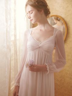 This price is for a nightgown only, others are not included.   	 		 			Size 			XS 			S 			M 			L 			XL 		 		 			Full Length 			115 			118 			121 			124 			124 		 		 			Shoulders 			34 			35 			36 			37 			38 		 		 			Neck Circumference 			58 			60 			62 			64 			66 		 		 			Bust 			80 			84 			88 			92 			96 		 		 			Sleeve Length 			58.4 			59.7 			61 			62.3 			63.6 		 		 			Hem Circumference 			150 			154 			158 			162 			166 Pink Long Sleeve Nightgown For Nighttime, Feminine Sheer Dresses For Loungewear, Feminine Sheer Loungewear Dress, Sheer V-neck Sleepwear For Sleepovers, Feminine Sheer Lounge Dress, Pink Long Sleeve Nightgown, Fitted Sheer Nightgown, Sheer Fitted Nightgown, Sheer Long Sleeve Sleepwear For Bedtime