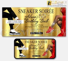 two tickets for a 50th birthday party with gold and red shoes on the dance floor