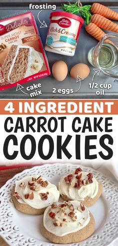 carrot cake cookies on a white plate with ingredients for the recipe and instructions to make them