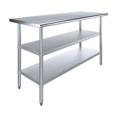 a stainless steel work table with two shelves and one shelf on each side, against a white background