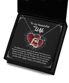 🩷💍Melt her heart with this dazzling necklace and heartfelt message card. "To my beautiful wife, I'm asking you on a date for the rest of our lives as we become one. together. husband and wife. You are my best friend. my heart. my soul. The day I met you my heart became whole. I can't wait to build a future together. I love you more than anything else." Celebrate a love that makes your heart dance with our Love Dancing Necklace. This exquisite piece, a testament to the artistry of our skilled j Heart Cut Necklace For Wedding And Valentine's Day, Valentine's Day Wedding Necklace Heart Cut, Heart Cut Heart Necklace For Wedding On Mother's Day, Heart Cut Heart Necklace For Mother's Day Wedding, Heart Cut Necklace For Wedding And Mother's Day, Valentine's Day Anniversary Necklace With Message Card, Heart Cut Necklace For Anniversary On Valentine's Day, Heart Pendant Necklace For Valentine's Day Wedding, Heart-shaped Jewelry For Valentine's Day With Gift Box