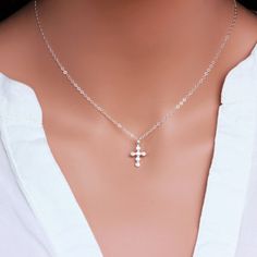 Cross Necklace CZ Cross Necklace Sterling silver Cross | Etsy Sterling Silver Cross Pendant Charm Necklace, Silver Charm Necklace For Her, Sterling Silver Clavicle Chain Cross Necklace, Spiritual Silver Charm Necklace With Clavicle Chain, Silver Cross Pendant Charm Necklaces, Silver Clavicle Chain Jewelry For Mother's Day, Silver Chain Charm Necklace As A Gift, Elegant Silver Cross Necklace With Round Pendant, Wedding Clavicle Chain Necklace With Cross Shape