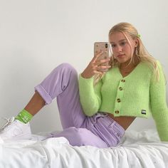 MINGAlondon Lime Fuzzy Knit Cardigan Pastel Fits, Knit Cardigan Outfit, Pastel Outfits, Knit Cardigan Pattern, Purple Pants, Pastel Fashion, Cardigan Outfits