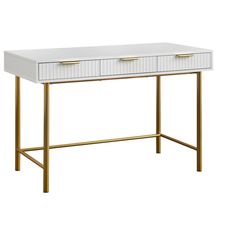 a white and gold desk with two drawers on the top, against a white background