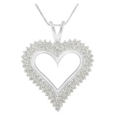 Celebrate someone you love with this stunning diamond pendant. This diamond necklace features 2 rows of round diamonds prong set along the edge of this open heart shape crafted of stunning sterling silver, with a matching box chain necklace. Both pretty and personal, this romantic diamond heart pendant necklace is sure to radiate romance. This open heart design is crafted of fine .925 sterling silver and set with 84 natural, earth mined rose-cut, promo quality diamonds. This sweet necklace makes a perfect Valentine's Day gift, or as a way to remember someone close to your heart. It's a classic and feminine piece she'll want to show off every day. "Video Available Upon Request" Diamond Heart Pendant Necklace, Heart Shaped Pendant Necklace, Sweet Necklace, Sterling Silver Heart Pendant, Sterling Necklaces, Silver Heart Pendant, Classic Necklace, Heart Shaped Diamond, Heart Pendant Diamond