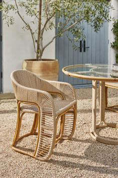 there are two chairs and a table on the gravel ground next to a potted tree