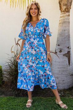 Blue Ruffle Short Sleeve Bohemian Flower Long Dress Casual Floral Dress With Ruffle Sleeves, Floral Print Maxi Dress With Ruffle Sleeves For Vacation, Summer Floral Print Maxi Dress With Ruffle Sleeves, Spring Floral Print Maxi Dress With Ruffle Sleeves, Bohemian Floral Ruffled Dress For Brunch, Bohemian Ruffled Floral Dress For Brunch, Blue Bohemian Maxi Dress With Ruffle Hem, Casual Floral Dress With Ruffle Sleeves For Brunch, Casual Floral Dress With Ruffle Hem And Sleeves