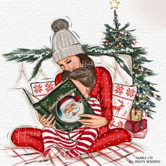 a woman sitting on the floor reading a book next to a christmas tree and presents