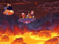 an animated scene with two people riding on a flying saucer in the middle of a desert