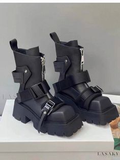 Lasaky - High Quality Leather Martin Boots with Thick Sole, Buckle Closure, Square Toe, Ankle Length - Stylish Futuristic Boots, White Chelsea Boots, Rave Shoes, Square Toe Ankle Boots, Gothic Shoes, Botas Chelsea, Chunky Heel Ankle Boots, Platform Heels Chunky, White Heels