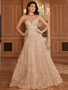 Women's Sequined Embroidered Fitted V-Neck Sleeveless Floor-Length Formal Evening Party Gown (Handwork Version), Elegant Prom Dress, For Wedding Guest, Graduation, Dinner Champagne Glamorous,Party  Sleeveless Sequins Plain,All Over Print A Line Slight Stretch All Weddings & Events, size features are:Bust: ,Length: ,Sleeve Length: Taupe Formal Dresses Evening Gowns, Elegant Dresses Long Sleeve, Champagne Gown, Gold Gown, Sustainable Clothing Brands, Glamorous Party, Elegant Prom Dresses, Evening Party Gowns, Party Gown