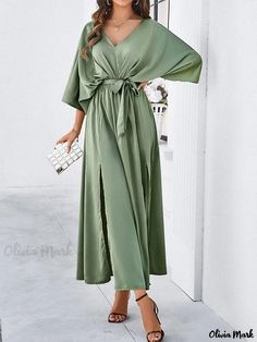 Olivia Mark - High-Quality Maxi Dress with V-Back and Belted Design Three Quarter Sleeve Dresses, Casual Chique, Split Dress, Weave Style, Daily Dress, Loose Dress, Outfit Casual, Hem Dress, V Neck Dress