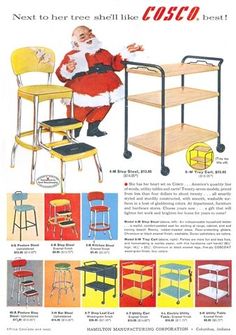 an old advertisement for the cosco chair with santa claus standing next to two chairs