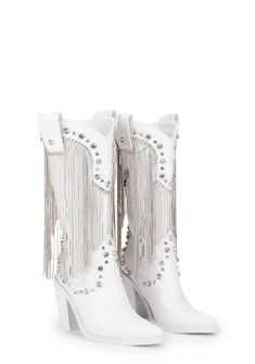 cuz bless your heart. These cowboy boots have a vegan leather construction, rhinestone fringe detailing, jewel studs, and side zipper closures. Sugar Thrillz Boots, Concert Boots, Fringe Cowboy Boots, Pop Shoes, White Cowboy Boots, Looks Country, Rhinestone Fringe, Leather Footwear, Present Perfect