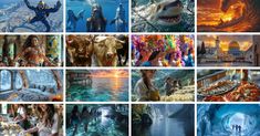 many different pictures of people and animals in the same photo, one is an underwater scene