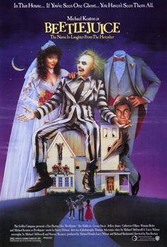 a movie poster for beetlejuice starring actors from left to right jack skellingon, michael j fox,