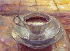 a painting of a cup and saucer on a table