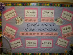 a bulletin board with labels on it that says god's blend of special teas