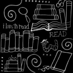 a blackboard drawing with books and other items on it, including an open book