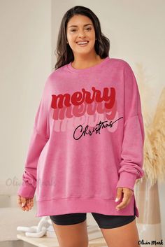 Olivia Mark - Pink Sequin Print Christmas Sweater with Cane Bow Knot Embellishments Mark Jersey, Split Sweatshirt, Pink Merry Christmas, Merry Christmas Graphic, Plus Size Sweatshirt, Holiday Graphic Tees, Christmas Tree Graphic, Sequined Sweatshirt, Holiday Hoodies