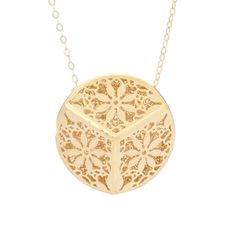 This distinctively geometric Stefano Oro pendant features delicate Fiori Ricami filigree work. It's designed to be comfortable for daily wear with smooth edges, a lightweight feel and an included 18" flat rolo chain. This pretty piece is easy to add to any outfit. Featuring a detailed Fiori Ricami design, which translates to "embroidered flowers" in Italian, it's perfect for pairing with your favorite yellow gold jewelry for a glamorous overall look. Gold Filigree Sterling Silver Necklaces, 14k Gold Filigree Flower Pendant Jewelry, 14k Gold Medallion With Intricate Design, Luxury 14k Gold Necklace With Intricate Design, Gold Plated Necklaces With Intricate Design For Gift, 14k Gold Filigree Necklace For Formal Occasions, 14k Gold Round Pendant With Intricate Design, Formal 14k Gold Necklace With Intricate Design, Silver Filigree Necklace In 14k Gold