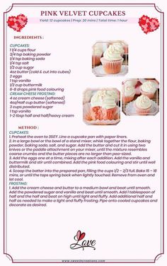 the recipe for pink velvet cupcakes is shown