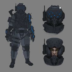 three different views of a futuristic soldier with blue lights on his face and chest, standing next to each other