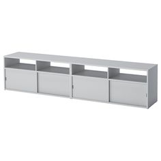 a white entertainment center with four cubbys on it's sides and drawers