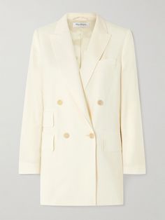 Max Mara's 'Elegia' blazer is impeccably tailored from ivory wool in a classic double-breasted design with padded shoulders and peak lapels. Cut for a slightly loose fit, it has three flap pockets, giving it a subtle distinction from traditional styles, and is fully lined for smoothness. Wear yours with the coordinating shorts and a collared shirt. White Double Breasted Suit For Work, Classic White Double Breasted Suit With Double Button Closure, Cream Double-breasted Blazer, Cream Notch Lapel Double-breasted Blazer, Cream Notch Lapel Blazer With Double-breasted Buttons, Cream Double-breasted Blazer For Formal Occasions, Beige Wool Double-breasted Blazer, Formal Cream Blazer With Double-breasted Button, Formal Cream Blazer With Double-breasted Button Fastening