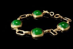 "This is a very beautiful, old and unique PEKING GLASS GILDED SILVER c. 1940 bracelet. The bracelet has a marvelous Peking glass with deep green color (11 x 11 mm) with gilded silver. It measures 7\" x 1/2\". The bracelet has a very unique and elegant feel to it and is in very good condition. 0.7 AOJFPC-806-124" Vintage Jade Jewelry For Jewelry Making, Classic Jade Bracelets For Formal Occasions, Green Cabochon Bracelet For Formal Occasions, Green Cabochon Bracelets For Formal Occasions, Green Formal Bracelet Jewelry, Elegant Green Cabochon Bracelets, Formal Green Cabochon Bracelets, Formal Green Cabochon Bracelet, Luxury Green Collectible Jewelry