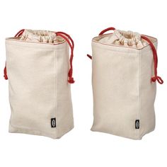 two bags with draws are sitting side by side on a white surface, one is empty and the other has red string