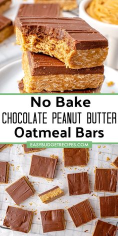 no bake chocolate peanut butter oatmeal bars stacked on top of each other