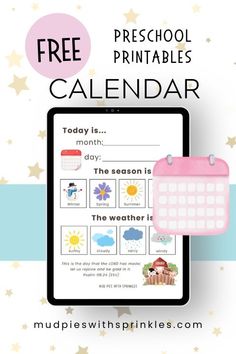 the free preschool printables calendar is displayed on a tablet with stars around it