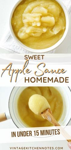 an image of apple sauce made in under 15 minutes with text overlay that reads, sweet apple sauce homemade