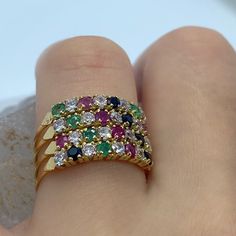 Multicolor Ring - Ring Gemstone - Emeald - Ruby - Sapphire -Zircon-Multicolor Gemstone - Vintage Ring - 14k Solid Gold - Vintage Gift *100% naturel gemstone *14k-18k solid gold *solid gold (NOT plated) *gemstone: 2.25 mm. *stone shape: round *stones emerald: 5 pcs. *stones ruby: 6 pcs. *stones sapphire : 5 pcs. *stone zircon : 16 pcs. *total gemstones : 32 pcs. Yellow Gold Emerald Cut Multi-stone Ring, Diamond Multi-stone Stackable Rings, Diamond Multi-stone Stackable Rings Round Cut, Multi-stone Emerald Diamond Ring As Gift, Gold Cubic Zirconia Emerald Birthstone Ring, Yellow Gold Cubic Zirconia Gemstone Rings, Emerald Cut Multi-stone Ring For Gift, Gold Emerald Ring With Cubic Zirconia Birthstone, Yellow Gold Rings With Cubic Zirconia Gemstones