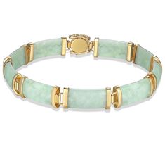 Elevate your style with this elegant 18K gold-plated sterling silver bracelet featuring genuine green jade in a unique octagonal link design. This piece beautifully marries traditional charm with contemporary elegance, making it a perfect accessory for any occasion. From the moment you clasp it around your wrist, this bracelet promises to be a conversation starter. Elegant Formal Jade Jewelry, Elegant Adjustable Jade Jewelry, Classic Gold Jade Jewelry, Modern Jade Jewelry For Anniversary, Modern Yellow Gold Jade Jewelry, Classic Jade Bracelets For Formal Occasions, Elegant Jade Bracelets For Wedding, Polished Gold Jade Jewelry, Modern Gold Jade Jewelry