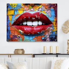 a living room scene with focus on the red lips and white teeth painted on the wall