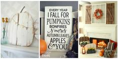 three different pictures with pumpkins and fall decorations in them, including a fireplace mantel