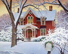 a painting of a red house in the snow with trees and mailbox on it