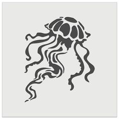 a black and white drawing of a jellyfish on a light gray background with the words,