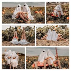 several pictures of two women dressed as ghostes sitting in a field with sunflowers