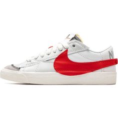 Nike's Signature Low-Top Blazers Sneakers Are Updated For A Contemporary Audience With An Oversized Logo To Each Outer Wall. In White And Red Hues, The Classic Silhouette Features A Branded Foam Tongue And Jumbo Laces. Nike Low-top Sneakers With Contrast Sole, Nike Skateboarding Sneakers With Rubber Waffle Outsoles, Nike Custom Sneakers For Skateboarding With Rubber Waffle Outsoles, Nike Sporty Sneakers With Contrast Sole, Nike Sneakers With White Contrast Sole, Custom Low-top Sneakers With Rubber Waffle Outsoles, High-top Sneakers With Rubber Waffle Outsoles, Nike Sporty Custom Sneakers With Contrast Sole, Nike Mid-top Sneakers With Vulcanized Sole