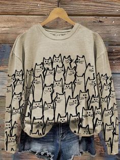 Material: Cotton Blend Pattern Type: Print/Letter Sleeve Type: Long sleeve Style: 가을 패션, Print Sweatshirt, Cat Print, White Sweatshirt, Printed Sweatshirts, Plus Size Tops, Plus Clothing, Running Errands, Sweatshirt Fashion