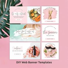 the diy web banner templates are displayed on a pink background with palm leaves