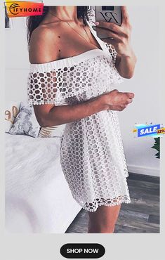 Lace Hollow One Shoulder Mini Dress Elegant Off-shoulder Beach Dresses, Chic Midi Dress With Hollow Out Details, Chic Hollow Out Midi Dress, Off-shoulder Summer Mini Dress For Day Out, Chic Off-shoulder Dress For Beach Season, Summer Midi Dress With Hollow Out For Date Night, Summer Off-shoulder Mini Dress For Day Out, Summer Hollow Out Midi Dress For Date Night, Hollow Out Midi Dress For Summer Date Night