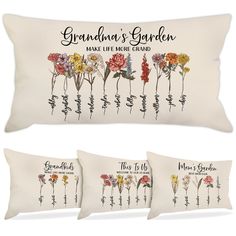 three pillows with flowers on them and the words grandma's garden printed on them